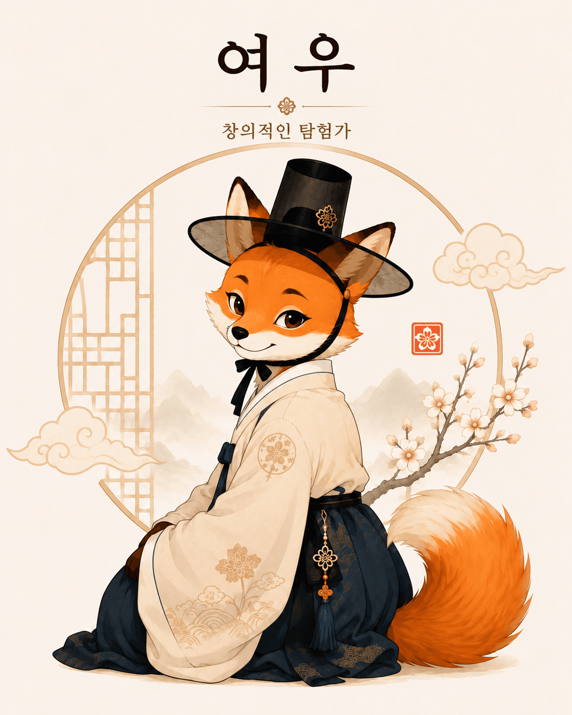 모자와 한복을 입은 여우 일러스트